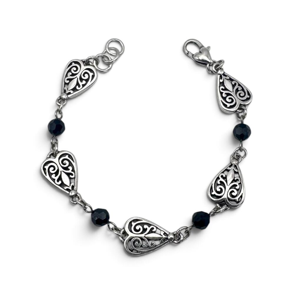 Brighton Filigree Heart Black Bead Silver Plated Bracelet Fits 7.25" Wrist